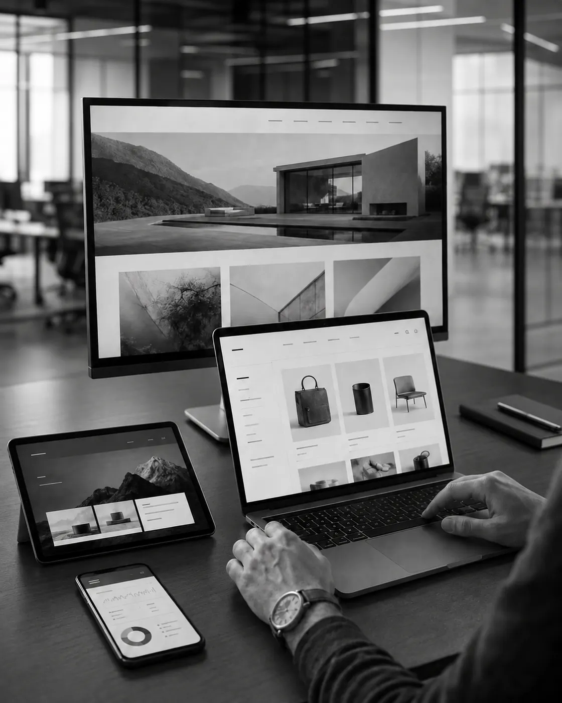 Stone Hut Designs website work shown across desktop, laptop, tablet and phone